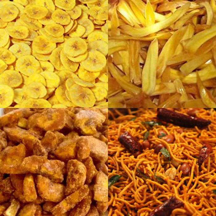 Four different types of Kerala Snacks, including Kerala Chips, Jackfruit Chips, Mixture and Sweet Banana Chips by Spice Munnar