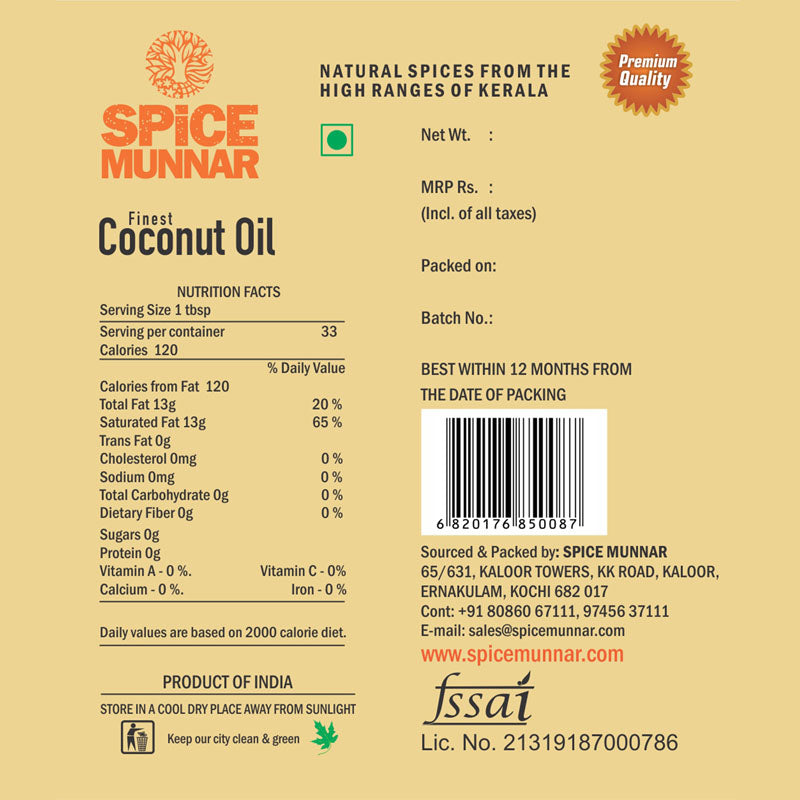 Spice Munnar coconut oil packaging with nutritional information and branding details.