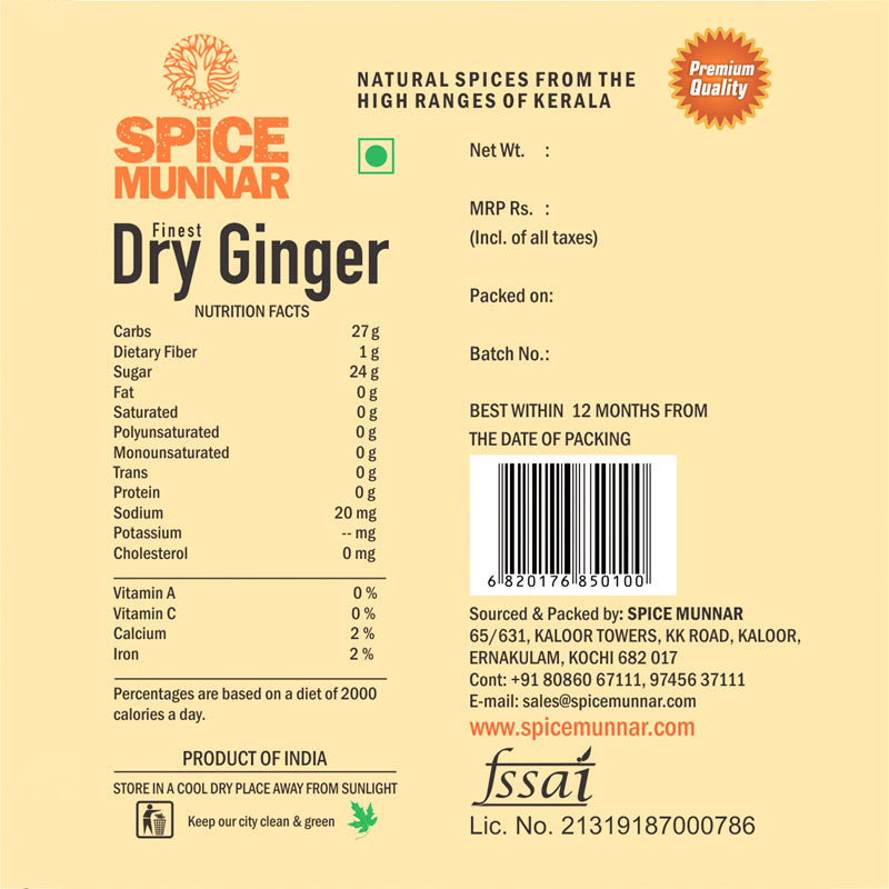 Spice Munnar dry ginger packaging with nutritional information and branding details.