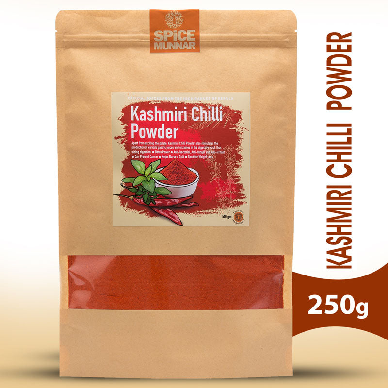 Kashmiri Chilli Powder package with Spice Munnar branding 250g