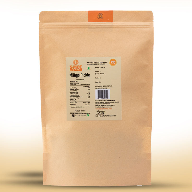 Spice Munnar Mango Pickle packaging with a label  