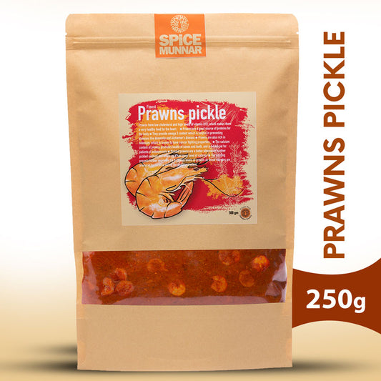 Prawn pickle package with 'Spice Munnar' branding 250g