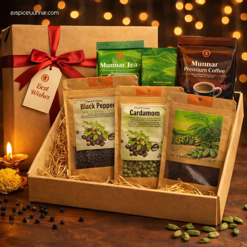 Gift basket with tea, coffee, and spices by Spice Munnar