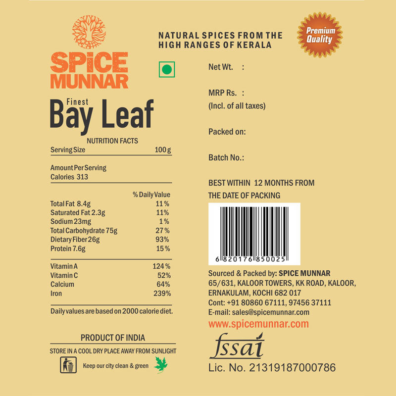 Spice Munnar Bay Leaf packaging with nutritional information and branding details.