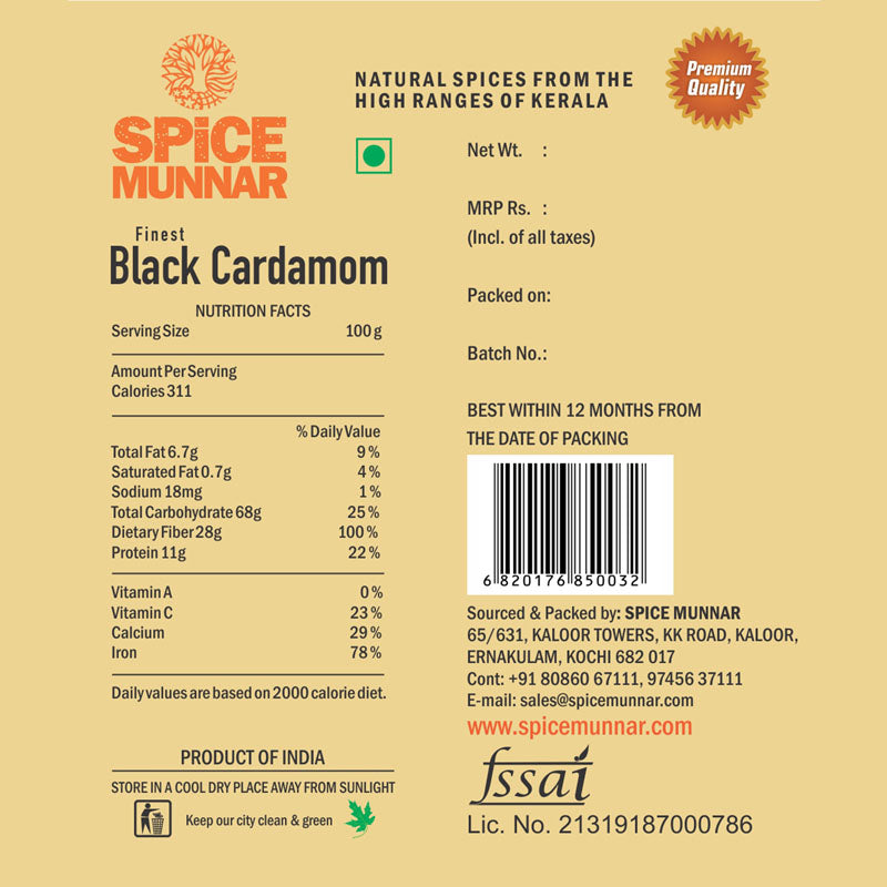 Spice Munnar black cardamom packaging with nutritional information and branding details.
