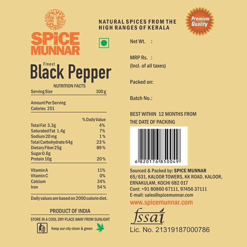 Spice Munnar black pepper packaging with nutritional information and branding details.