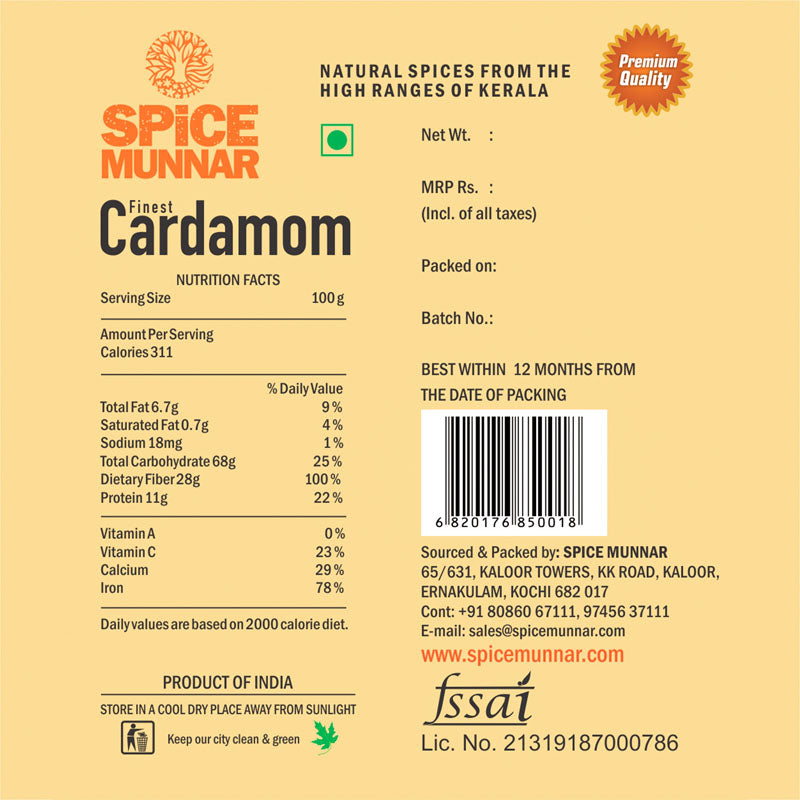 Spice Munnar cardamom packaging with nutritional information and branding details.