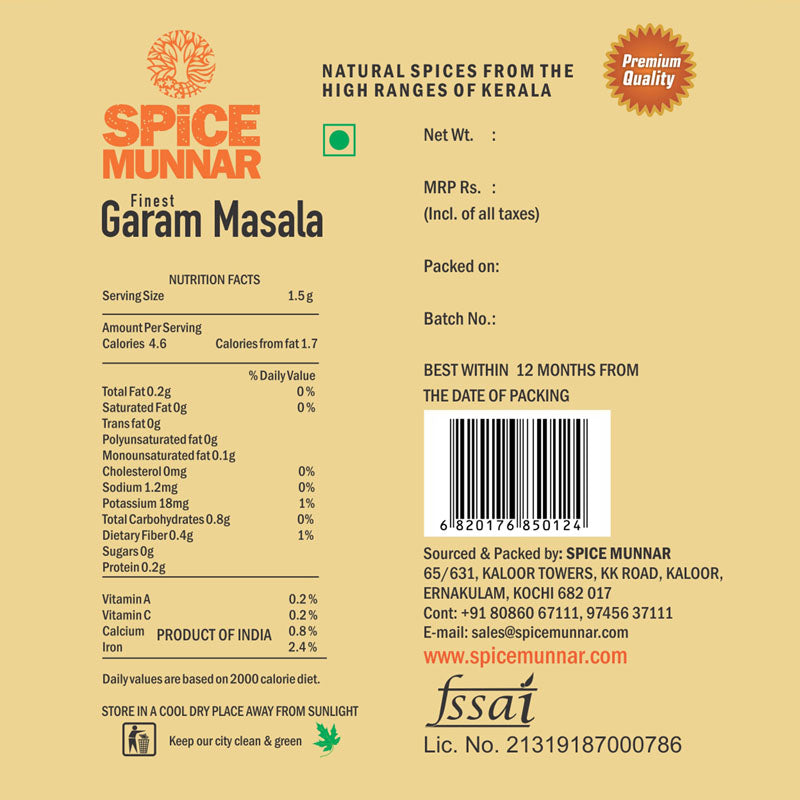 Spice Munnar Garam Masala label with nutritional information and branding details.