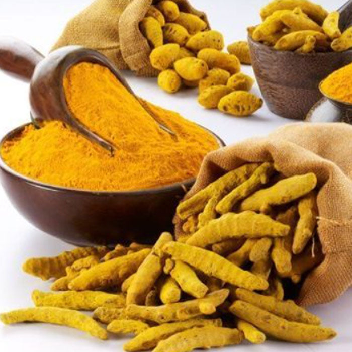 Turmeric roots and Kasturi Turmeic powder in wooden bowls  