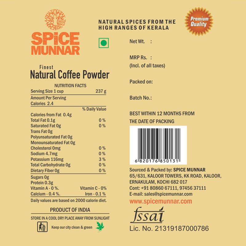 Spice Munnar natural coffee powder packaging with nutritional information and branding details.