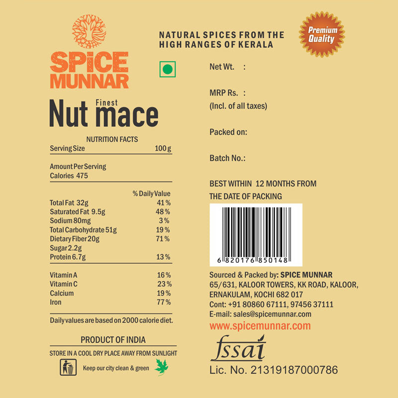 Spice Munnar Nut mace packaging with nutritional information and branding details.
