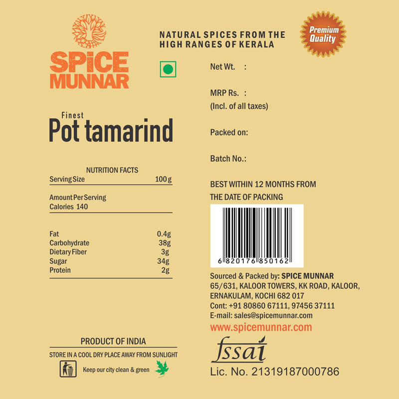 Spice Munnar pot tamarind packaging with nutritional information and branding details.