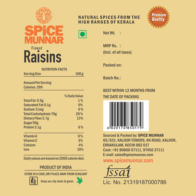 Spice Munnar raisins packaging with nutritional information and branding details.