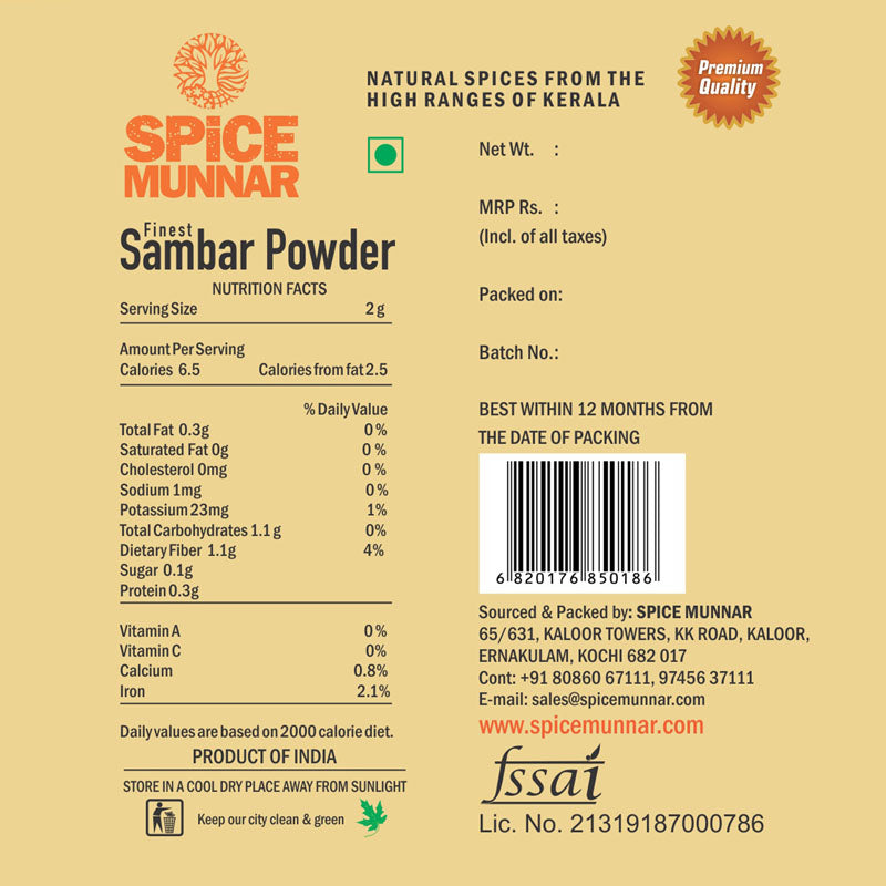Back label of Spice Munnar Sambar Powder with nutritional information and branding details.
