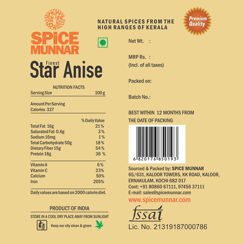 Spice Munnar Star Anise packaging with nutritional information and branding details.