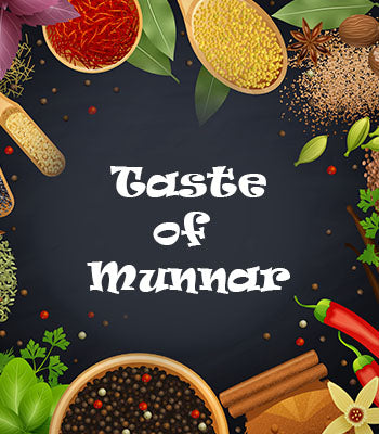 Spices and herbs with 'Taste of Munnar' text 