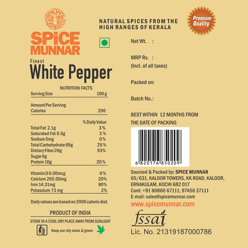 Spice Munnar white pepper packaging with nutritional information and branding details.