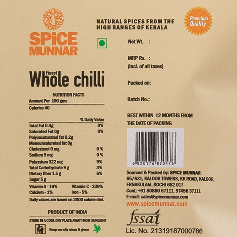 Spice Munnar whole chilli packaging with nutritional information and branding details.