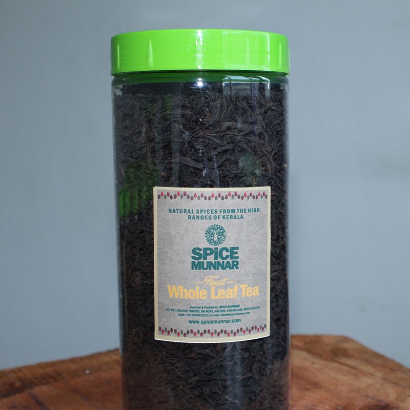 Jar of whole leaf tea from Spice Munnar